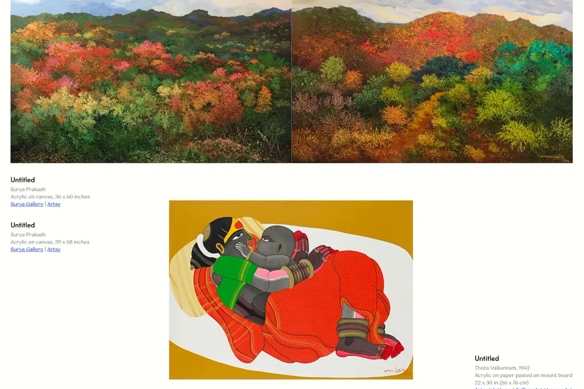 Catalogue spread: Surya Prakash landscapes and a Thota Vaikuntam mother-and-baby painting
