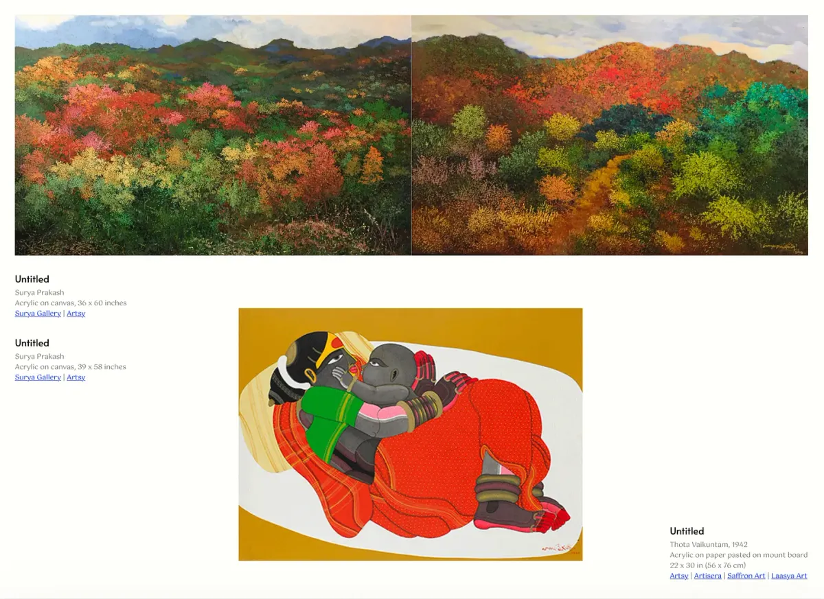 Catalogue spread: Surya Prakash landscapes and a Thota Vaikuntam mother-and-baby painting
